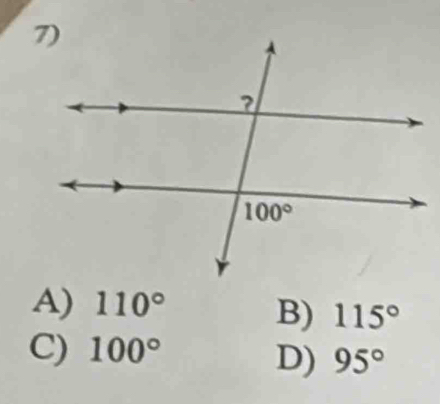 A) 110°
B) 115°
C) 100°
D) 95°