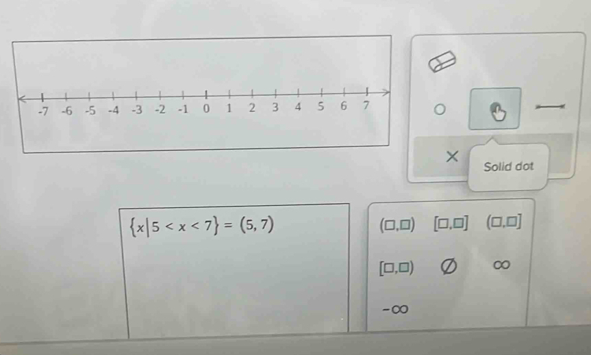 × Solid dot
 x|5
(□ ,□ ) [□ ,□ ] (□ ,□ ]
[□ ,□ )
o
-∞