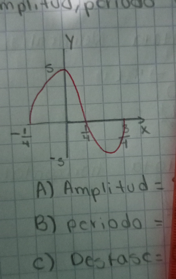 mplitoe, periooe
A) Amplitod=
B) periodo =
() Desto =