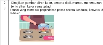 Disajikan gambar aliran kalor, peserta didik mampu menentukan 
jenis aliran kalor yang terjadi 
3 Tandai yang termašuk perpindahan panas secara konduksi, konveksi d 
radiasi :