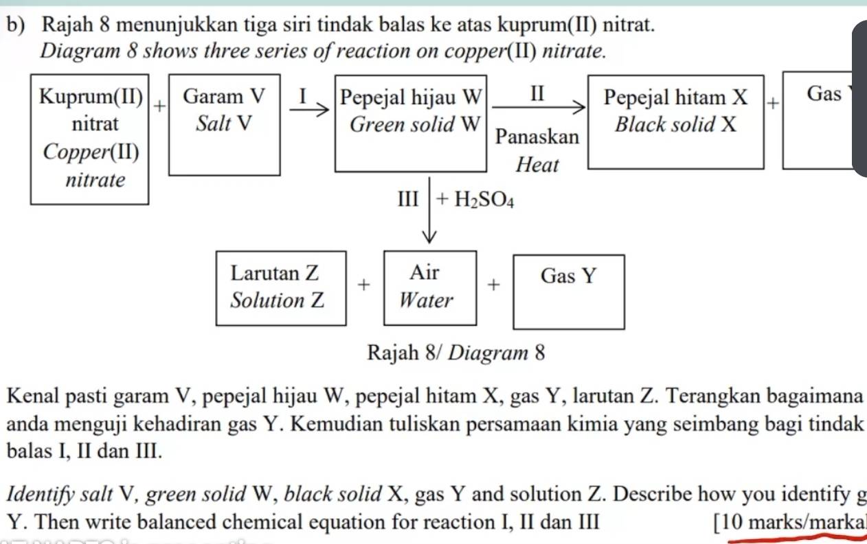 Rajah 8 menunjukkan tiga siri tindak balas ke atas kuprum(II) nitrat. 
Diagram 8 shows three series of reaction on copper(II) nitrate. 
Kuprum(II) + Garam V I Pepejal hijau W II Pepejal hitam X + Gas 
nitrat Salt V Green solid W Panaskan Black solid X
Copper(II) 
Heat 
nitrate
III|+H_2SO_4
(-3,4)
Larutan Z
Solution Z +beginarrayr Aiar Waterendarray +CasY
Rajah 8/ Diagram 8 
Kenal pasti garam V, pepejal hijau W, pepejal hitam X, gas Y, larutan Z. Terangkan bagaimana 
anda menguji kehadiran gas Y. Kemudian tuliskan persamaan kimia yang seimbang bagi tindak 
balas I, II dan III. 
Identify salt V, green solid W, black solid X, gas Y and solution Z. Describe how you identify g
Y. Then write balanced chemical equation for reaction I, II dan III [10 marks/marka]