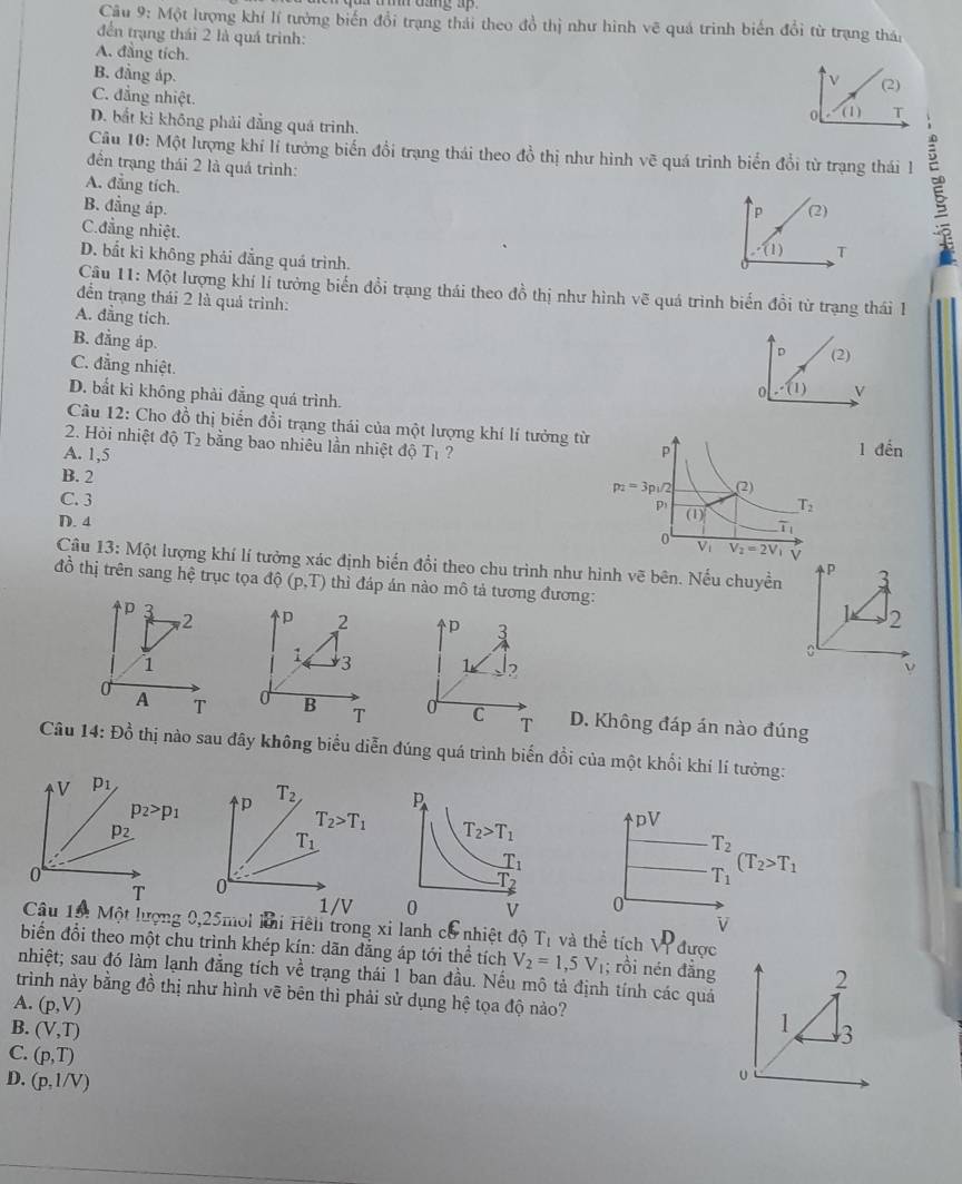 Cầu 9: Một lượng khí lí tưởng biến đổi trạng thái theo đồ thị như hình vẽ quá trình biến đổi từ trạng thá:
đến trạng thái 2 là quá trình:
A. đẳng tích.
B. đẳng áp.
v (2)
C. đẳng nhiệt.
0 (1) T
D. bắt kì không phải đẳng quá trình.
Câu 10: Một lượng khí lí tưởng biến đổi trạng thái theo đồ thị như hình vẽ quá trình biển đổi từ trạng thái l1
đến trạng thái 2 là quá trình:
A. đẳng tích.
B. đẳng áp.
p (2)
C.đẳng nhiệt..(1) T
D. bắt kỉ không phái đẳng quá trình.
Câu 11: Một lượng khí lí tưởng biển đổi trạng thái theo đồ thị như hình Voverline e quá trình biến đồi từ trạng thái 1
đến trạng thái 2 là quả trình:
A. đẳng tích.
D (2)
B. đẳng áp. 0.(1) V
C. đẳng nhiệt.
D. bắt kì không phải đẳng quá trình.
Câu 12: Cho đồ thị biến đổi trạng thái của một lượng khí lí tưởng từ
2. Hỏi nhiệt độ T₂ bằng bao nhiêu lần nhiệt độl đến
A. 1,5 T_1 ?
B. 2
C. 3
D. 4 
Câu 13: Một lượng khí lí tưởng xác định biến đổi theo chu trình như hình vẽ bên. Nếu chuyền 3
P
đồ thị trên sang hệ trục tọa dhat Q(p,T) thì đáp án nào mô tả tương đương:
p3
2 p 2 p 3
2
1
: 3 1 2
ν
A T 0 B T 0 C T D. Không đáp án nào đúng
Câu 14: Đồ thị nào sau đây không biểu diễn đúng quá trình biến đồi của một khối khí lí tưởng:
pV
T_2
_(T_1)^2(T_2>T_1
0
V
Câu 15: Một lượng 0,25mol khi Hếl trong xi lanh cổ nhiệt độ T_1 và thể tích _VP được
biển đổi theo một chu trình khép kín: dãn đẳng áp tới thể tích V_2=1,5V_1; rồi nén đẳng 2
nhiệt; sau đó làm lạnh đẳng tích về trạng thái 1 ban đầu. Nếu mô tả định tính các quả
trình này bằng đồ thị như hình vẽ bên thì phải sử dụng hệ tọa độ nảo? 1 3
A. (p,V)
B. (V,T)
C. (p,T)
D. (p,1/V)