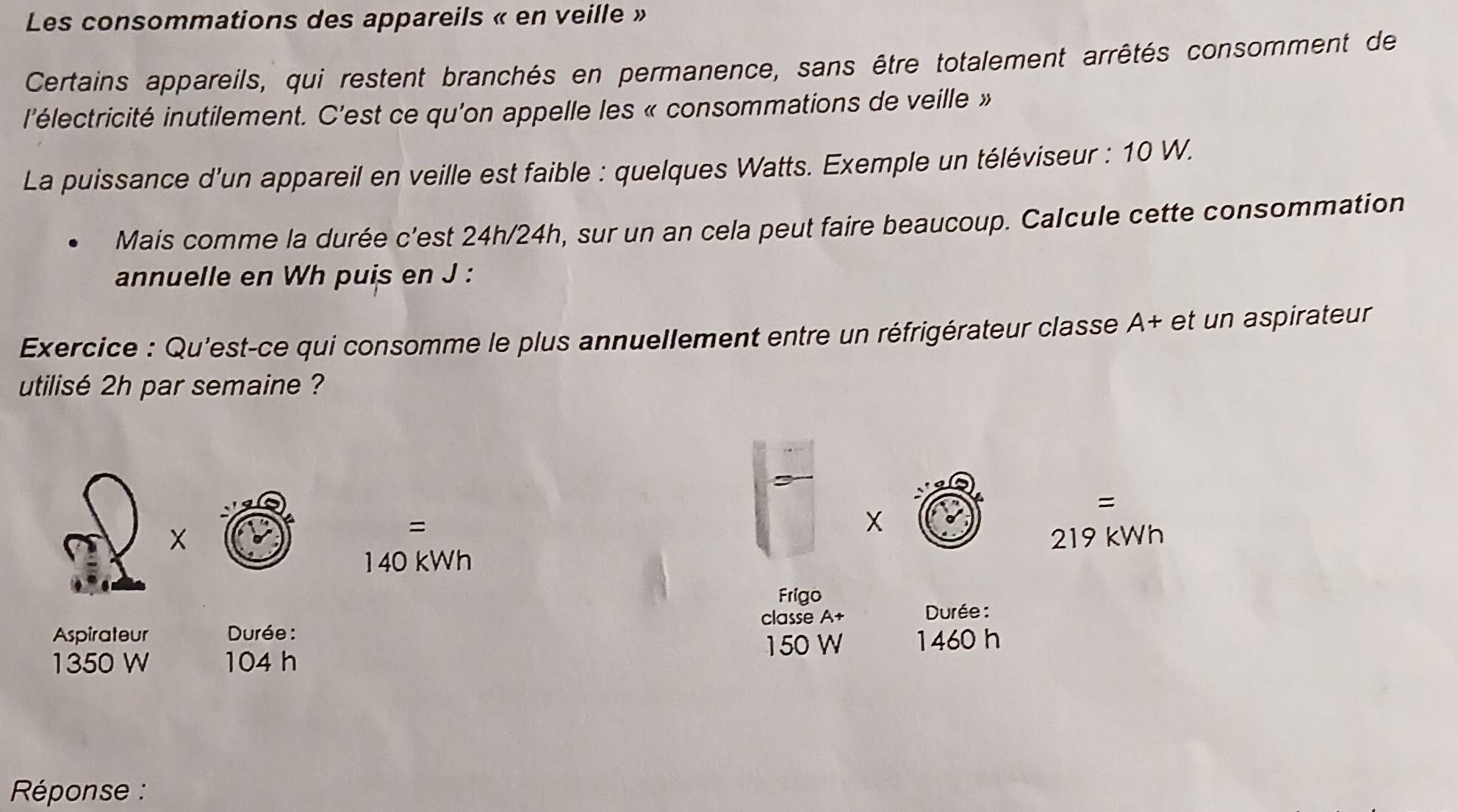 Les consommations des appareils « en veille » 
Certains appareils, qui restent branchés en permanence, sans être totalement arrêtés consomment de 
l'électricité inutilement. C'est ce qu'on appelle les « consommations de veille » 
La puissance d’un appareil en veille est faible : quelques Watts. Exemple un téléviseur : 10 W. 
Mais comme la durée c'est 24h/24h, sur un an cela peut faire beaucoup. Calcule cette consommation 
annuelle en Wh puis en J : 
Exercice : Qu'est-ce qui consomme le plus annuellement entre un réfrigérateur classe A+ et un aspirateur 
utilisé 2h par semaine ? 
= 
=
X
219 kWh
140 kWh
Frigo 
classe A+ Durée : 
Aspirateur Durée:
1350 W 104 h 150 W 1460 h
Réponse :