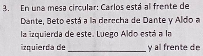 En una mesa circular: Carlos está al frente de 
Dante, Beto está a la derecha de Dante y Aldo a 
la izquierda de este. Luego Aldo está a la 
izquierda de _y al frente de