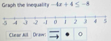 Graph the inequality -4x+4≤ -8
Clear All Draw: 。