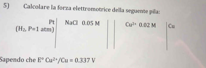 Calcolare la forza elettromotrice della seguente pila:
Sapendo che E°Cu^(2+)/Cu=0.337V