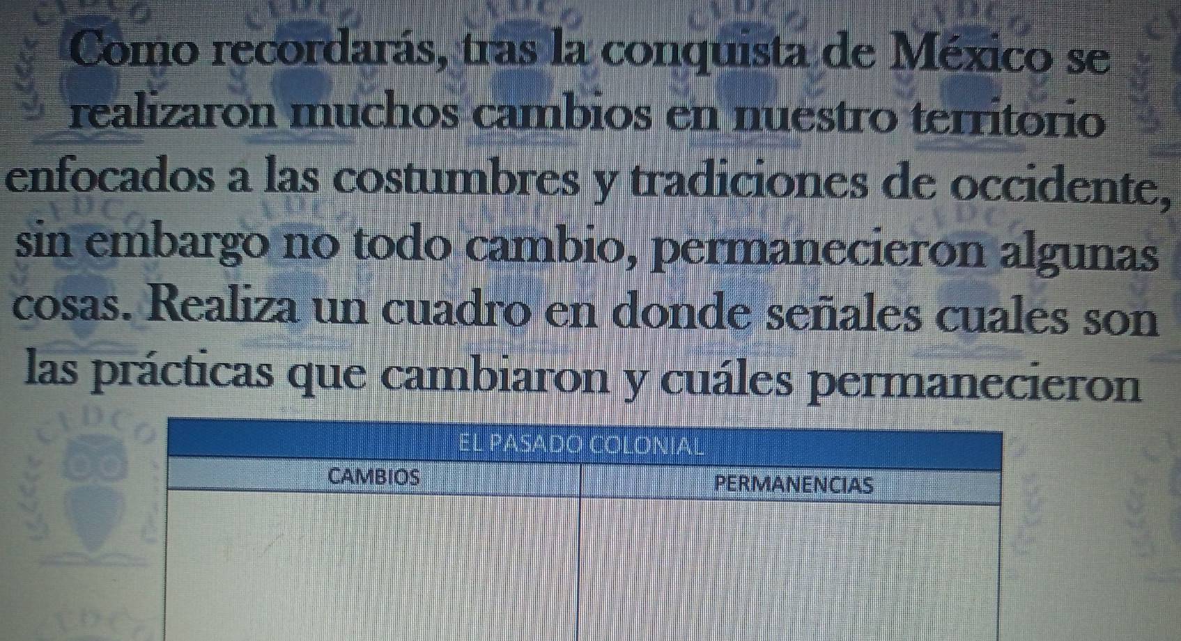 Como recordarás, tras la conquista de México se 
realizaron muchos cambios en nuestro territorio 
enfocados a las costumbres y tradiciones de occidente, 
sin embargo no todo cambio, permanecieron algunas 
cosas. Realiza un cuadro en donde señales cuales son 
las prácticas que cambiaron y cuáles permanecieron