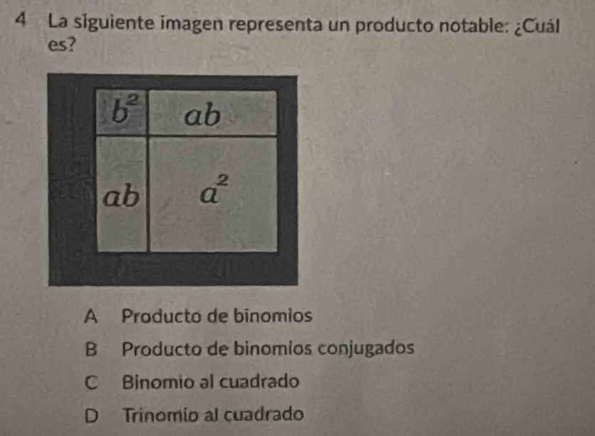 La siguiente imagen representa un producto notable: ¿Cuál
es?
A Producto de binomios
B Producto de binomios conjugados
C Binomío al cuadrado
D Trinomío al cuadrado