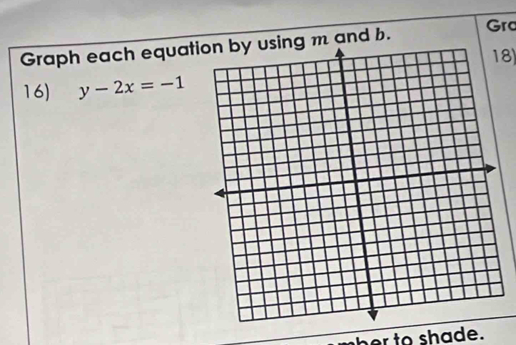 Graph each equation by using m and b. 
Gra 
18) 
16) y-2x=-1
her to shade.