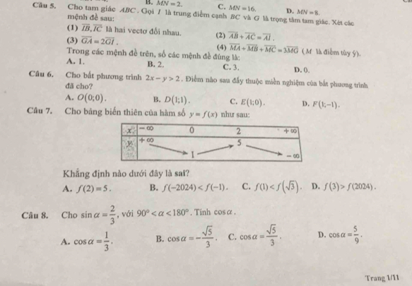 B. MN=2. C. MN=16. D. MN=8. 
Câu 5. Cho tam giác ABC. Gọi / là trung điểm cạnh BC và G là trọng tâm tam giác. Xét các
mệnh đề sau:
(1) overline IB, overline IC là hai vectơ đổi nhau. (2) overline AB+overline AC=overline AI. 
(3) overline GA=2overline GI. (4) vector MA+vector MB+vector MC=3vector MG ( M là điễm tùy ý).
Trong các mệnh đề trên, số các mệnh đề đúng là:
A. 1. B. 2. C. 3. D. (.
Câu 6. Cho bất phương trình 2x-y>2. Điểm nào sau đấy thuộc miền nghiệm của bắt phương trình
đã cho?
A. O(0;0). B. D(1;1). C. E(1;0). D. F(1;-1). 
Câu 7. Cho bảng biến thiên của hàm số y=f(x) như sau:
Khẳng định nào dưới đây là sai?
A. f(2)=5. B. f(-2024) . C. f(1) . D. f(3)>f(2024). 
Câu 8. Cho sin alpha = 2/3  , với 90° <180°. Tinh cos alpha.
A. cos alpha = 1/3 . B. cos alpha =- sqrt(5)/3 . C. cos alpha = sqrt(5)/3 . D. cos alpha = 5/9 . 
Trang 1/11