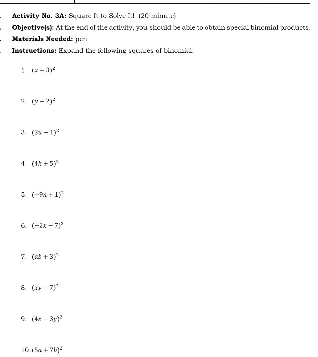 Solved: Activity No. 3A: Square It to Solve It! (20 minute) Objective(s ...