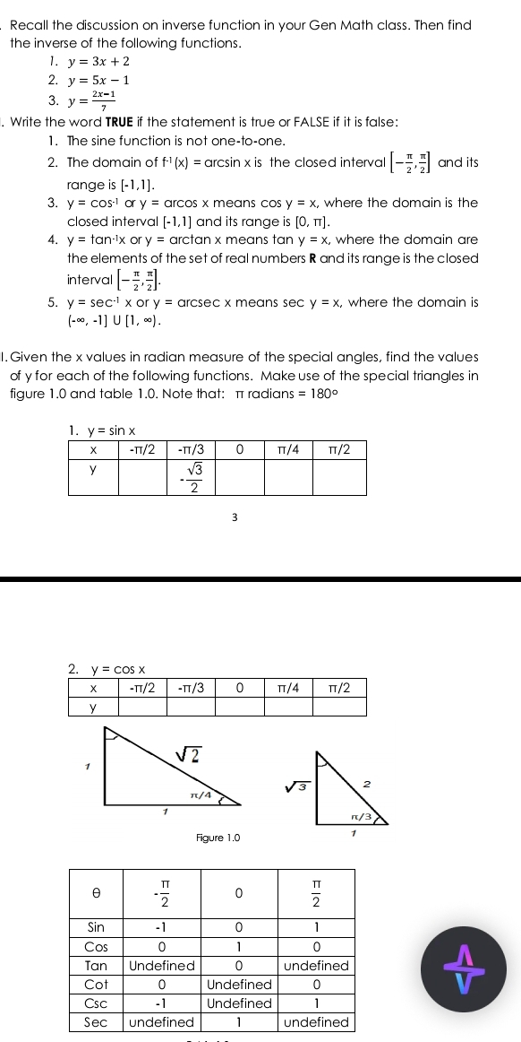 Recall the discussion on inverse function in your Gen Math class. Then find
the inverse of the following functions.
1. y=3x+2
2. y=5x-1
3. y= (2x-1)/7 . Write the word TRUE if the statement is true or FALSE if it is false:
1. The sine function is not one-to-one.
2. The domain of f^(-1)(x)= arcsin x is the closed interval [- π /2 , π /2 ] and its
range is [-1,1].
3. y=cos^(-1)ory=arccos x means cos y=x, where the domain is the
closed interval [-1,1] and its range is [0,π ].
4. y=tan^(-1)x or y=c arctan x meạns tạn y=x, where the domain are
the elements of the set of real numbers R and its range is the closed
interval [- π /2 , π /2 ].
5. y=sec^(-1)* c y= arcsec x means sec y=x , where the domain is
(-∈fty ,-1]∪ [1,∈fty ).
1. Given the x values in radian measure of the special angles, find the values
of y for each of the following functions. Make use of the special triangles in
figure 1.0 and table 1.0. Note that: π radians =180°
1. y=sin x
3
2. y=cos x
Figure 1.0