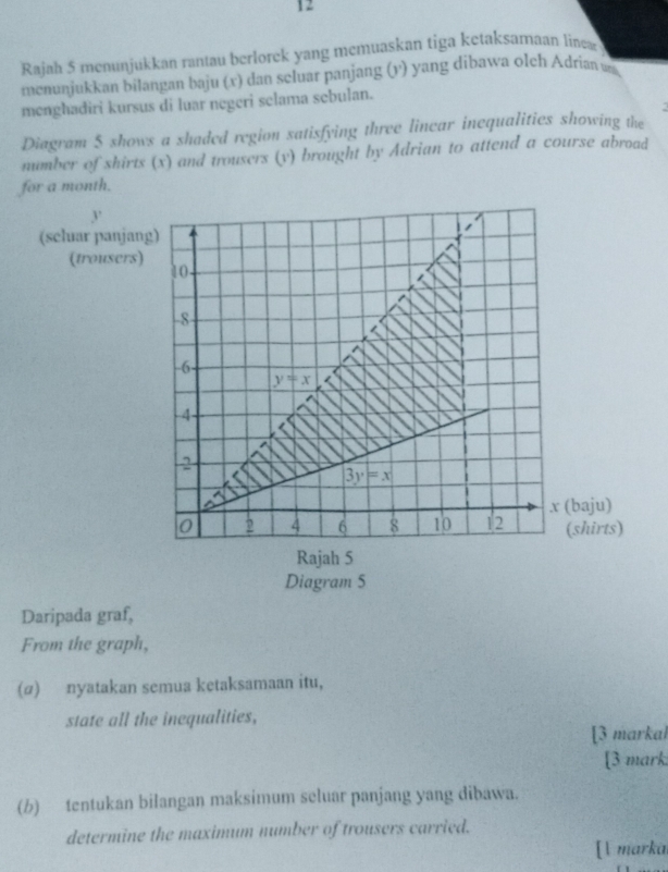 Rajah 5 menunjukkan rantau berlorek yang memuaskan tiga ketaksamaan linew
menunjukkan bilangan baju (x) dan scluar panjang (y) yang dibawa olch Adrian wa
menghadiri kursus di luar negeri selama sebulan.
Diagram $ shows a shaded region satisfying three linear incqualities showing the
number of shirts (x) and trousers (v) brought by Adrian to attend a course abroad
for a month.
y
(scluar panjang)
(trousers) 10
-8
-6
y=x
-4
2
3y=x
x (baju)
0 2 4 6 8 10 12 (shirts)
Rajah 5
Diagram 5
Daripada graf,
From the graph,
(@) nyatakan semua ketaksamaan itu,
state all the inequalities,
[3 markal
[3 mark
(b) tentukan bilangan maksimum seluar panjang yang dibawa.
determine the maximum number of trousers carried.
[ markai