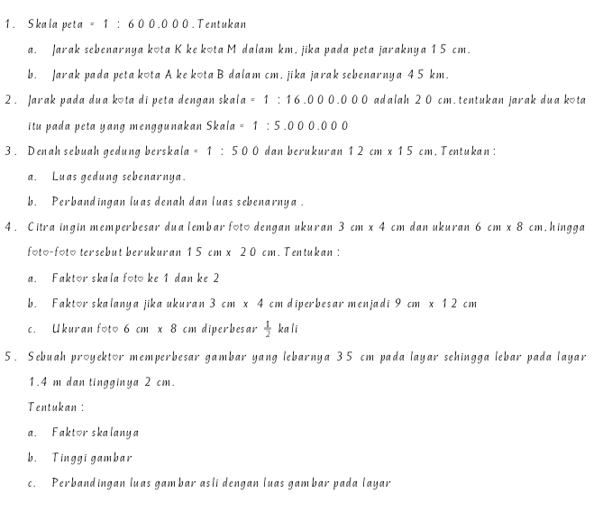 Skala peta =1:600.000. Tentukan 
a. Jarak sebenarnya kota K ke kota M dalam km. jika pada peta jaraknya 15 cm. 
b. Jarak pada peta kota A ke kota B dalam cm. jika jarak sebenarnya 4 5 km. 
2 . Jarak pada dua kota di peta dengan skal a =1:16.000.000 adalah 2 0 cm. tentukan jarak dua kota 
itu pada peta yang menggunakan Skala =1:5.000.000
3 . Denah sebuah gedung berskala =1:500 dan berukuran 12cm* 15cm , Tentukan : 
a. Luas gedung sebenarnya. 
b. Perbandingan luas denah dan luas sebenarnya . 
4 . Citra ingin memperbesar dua lembar foto dengan ukuran 3cm* 4 cm dan ukuran 6cm* 8cm ,hīngga 
foto-foto tersebut berukuran 15cm* 20cm. Tentukan : 
a. Faktor skala foto ke 1 dan ke 2
b. Faktor skalanya jika ukuran 3cm* 4cm diperbesar menjadi 9cm* 12cm
c. Ukuran foto 6cm* 8 cm diperbesar  1/2  ka li 
5. Sebuah proyektor memperbesar gambar yang lebarnya 35 cm pada layar sehingga lebar pada layar
1.4 m dan tingginya 2 cm. 
Tentukan : 
a. Faktor skalanya 
b. Tinggi gambar 
c. Perbandingan luas gambar asli dengan luas gam bar pada layar