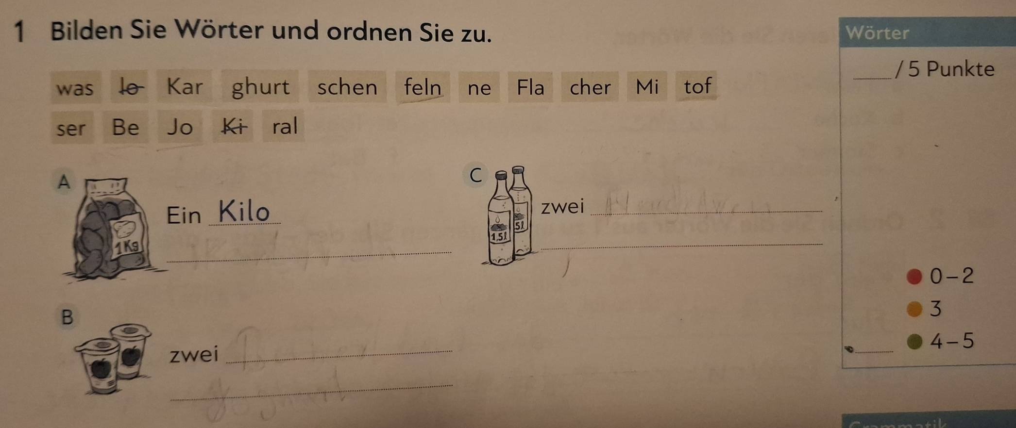 Bilden Sie Wörter und ordnen Sie zu. Wörter 
_/ 5 Punkte 
was Kar ghurt schen feln ne Fla cher Mi tof 
ser Be Jo Ki ral 
A 
C 
Ein _Kilo 
zwei_ 
_ 
_
0-2
B
3
zwei _ 4-5
_