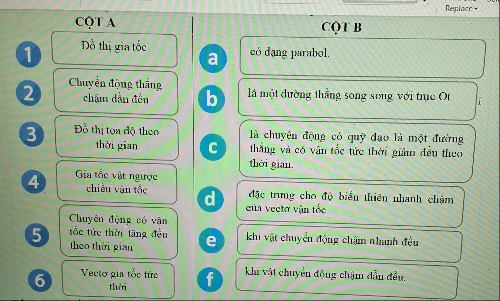 Replace≌ 
CQT A 
CQT B 
1 
Đồ thị gia tốc có dạng parabol. 
a 
2 Chuyển động thắng 
b là một đường thắng song song với trục Ot 
chậm dần đều I 
3 Đồ thị tọa độ theo là chuyển động có quỹ đạo là một đường 
C 
thời gian thắng và có vận tốc tức thời giảm đều theo 
thời gian. 
4 Gia tốc vật ngược 
chiều vận tốc đặc trưng cho độ biến thiên nhanh chậm 
d của vectơ vận tốc 
Chuyển động có vận 
tốc tức thời tăng đều e khi vật chuyển động chậm nhanh đều 
5 theo thời gian 
6 Vectơ gia tốc tức f khi vật chuyển động chậm dần đều. 
thời