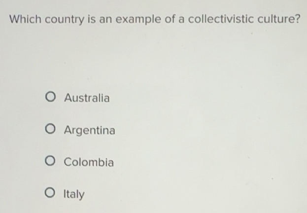 Solved: Which country is an example of a collectivistic culture ...