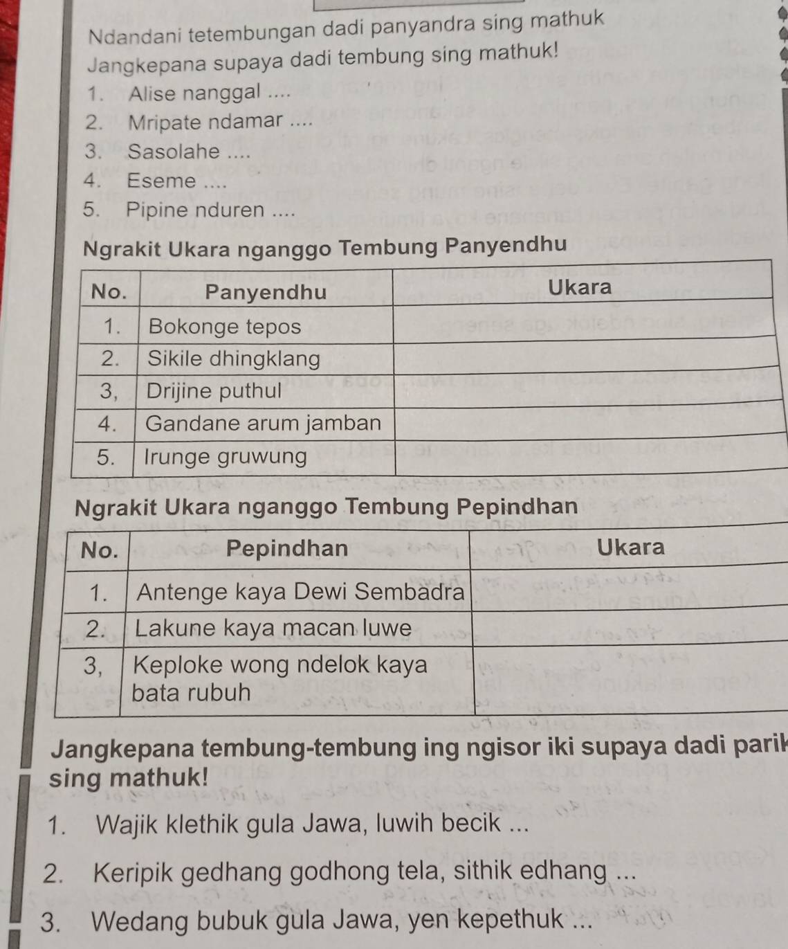 Ndandani tetembungan dadi panyandra sing mathuk 
Jangkepana supaya dadi tembung sing mathuk! 
1. Alise nanggal .... 
2. Mripate ndamar .... 
3. Sasolahe .... 
4. Eseme .... 
5. Pipine nduren .... 
Ngrakit Ukara nganggo Tembung Panyendhu 
Ngrakit Ukara nganggo Tembung Pepindhan 
Jangkepana tembung-tembung ing ngisor iki supaya dadi parik 
sing mathuk! 
1. Wajik klethik gula Jawa, luwih becik ... 
2. Keripik gedhang godhong tela, sithik edhang ... 
3. Wedang bubuk gula Jawa, yen kepethuk ...