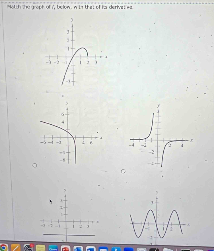 Match the graph of f, below, with that of its derivative.
y
3
2
1
x
-3 -2 -1 1 2 3