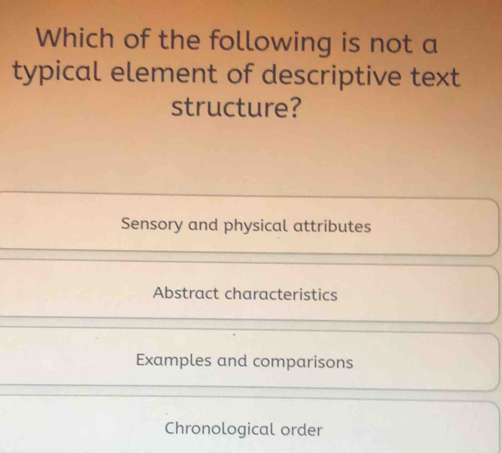Solved: Which of the following is not a typical element of descriptive ...