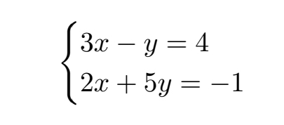 beginarrayl 3x-y=4 2x+5y=-1endarray.