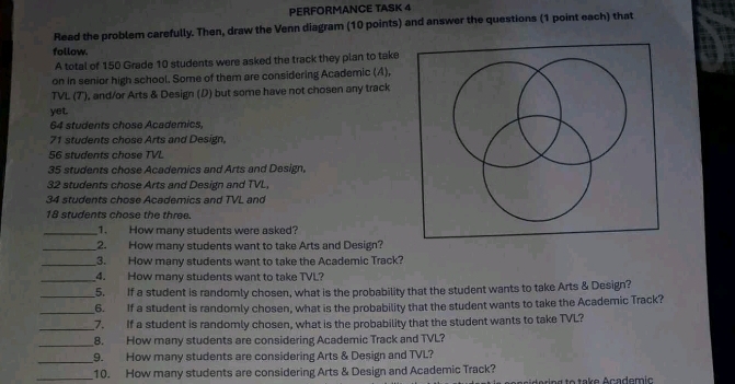 PERFORMANCE TASK 4 
Read the problem carefully. Then, draw the Venn diagram (10 points) and answer the questions (1 point each) that 
follow. 
A total of 150 Grade 10 students were asked the track they plan to take 
on in senior high school. Some of them are considering Academic (A), 
TVL (T), and/or Arts & Design (D) but some have not chosen any track 
yet.
64 students chose Academics,
71 students chose Arts and Design,
56 students chose TVL
35 students chose Academics and Arts and Design,
32 students chose Arts and Design and TVL,
34 students chose Academics and TVL and
18 students chose the three. 
_1. How many students were asked? 
_2. How many students want to take Arts and Design? 
_3. How many students want to take the Academic Track? 
__4. How many students want to take TVL? 
_5. If a student is randomly chosen, what is the probability that the student wants to take Arts & Design? 
__6. If a student is randomly chosen, what is the probability that the student wants to take the Academic Track? 
_7. If a student is randomly chosen, what is the probability that the student wants to take TVL? 
_ 
8. How many students are considering Academic Track and TVL? 
_ 
9. How many students are considering Arts & Design and TVL? 
_10. How many students are considering Arts & Design and Academic Track? 
tering to take Academic