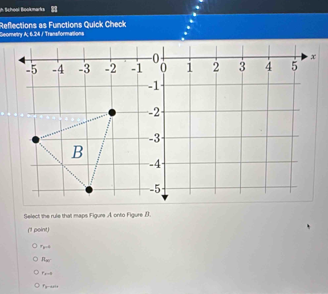 School Bookmarks
Reflections as Functions Quick Check
Geometry A; 6.24 / Transformations
Select the rule that maps Figure A onto Figure B.
(1 point)
r_y=0
R_90°
Gamma x=0=0
r_y-axi,