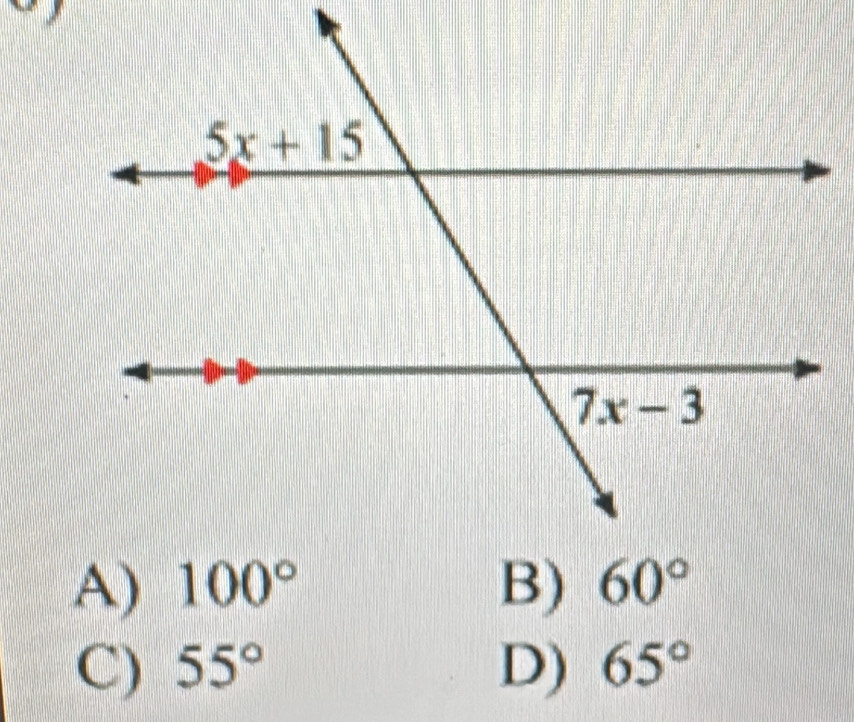 A)
C) 55° D) 65°