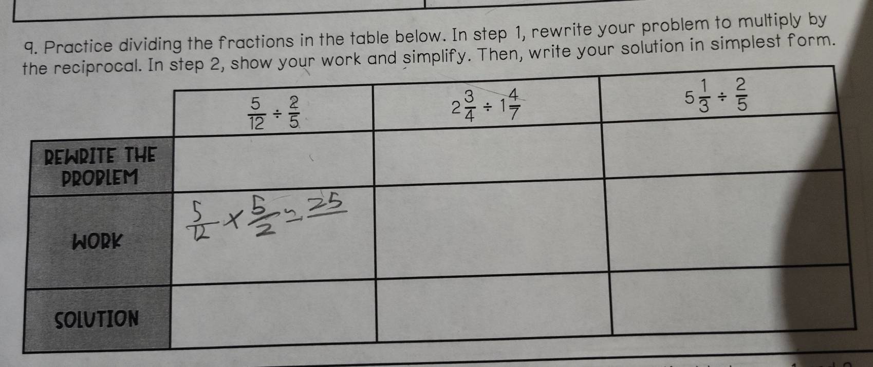 Practice dividing the fractions in the table below. In step 1, rewrite your problem to multiply by
plify. Then, write your solution in simplest form.