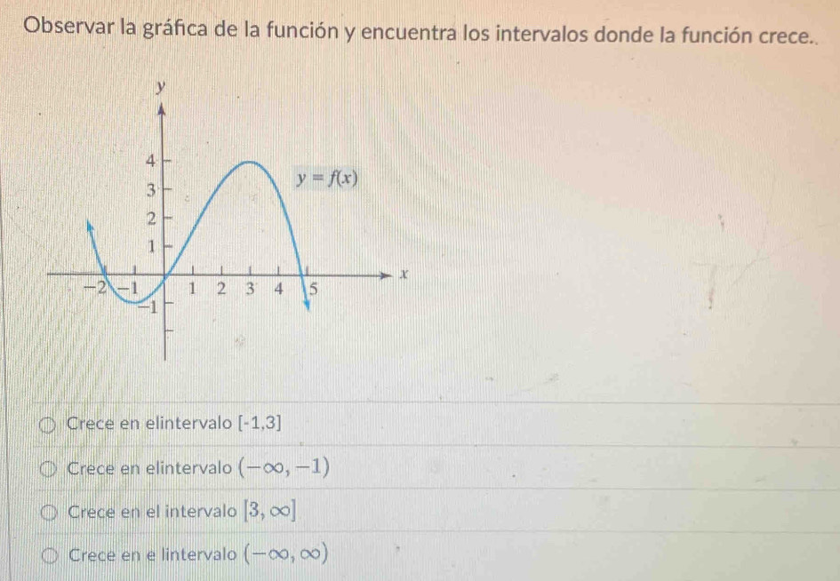 Observar la gráfica de la función y encuentra los intervalos donde la función crece..
Crece en elintervalo [-1,3]
Crece en elintervalo (-∈fty ,-1)
Crece en el intervalo [3,∈fty ]
Crece en e lintervalo (-∈fty ,∈fty )