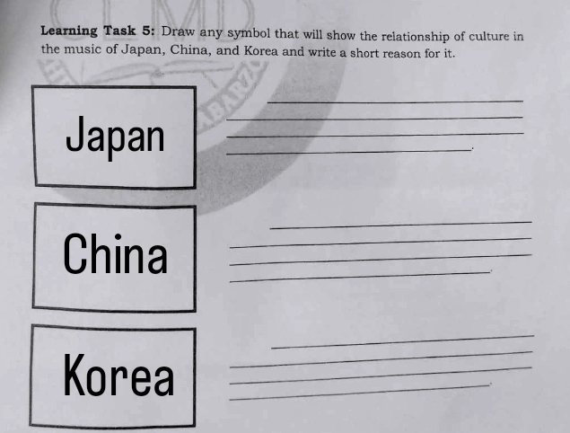 Learning Task 5: Draw any symbol that will show the relationship of culture in 
the music of Japan, China, and Korea and write a short reason for it. 
_ 
Japan__ 
_ 
. 
_ 
China___ 
_ 
Korea__ 
_ 
.