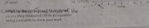 of wire? Z H 0 i C
2 3 4 5. What w t inches 
pieces Meg measured? Write an equation 
using a variable to show your work.