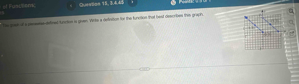 of Functions; Question 15, 3.4.45 >  Points: 0.5 Ur
<
15
The graph of a piecewise-defined function is given. Write a definition for the function that best describes this graph.