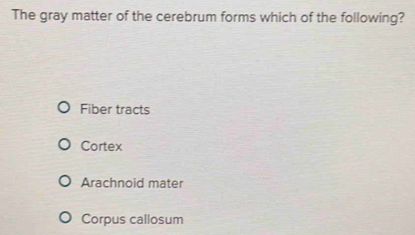 The gray matter of the cerebrum forms which of the following?
Fiber tracts
Cortex
Arachnoid mater
Corpus callosum