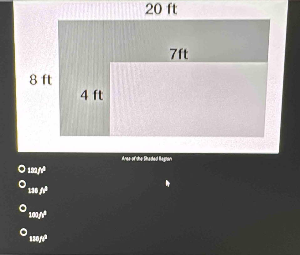 132ft^2
130ft^2
100f6^2
130ft^2