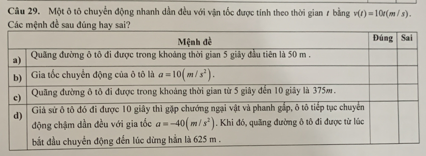 Một ô tô chuyển động nhanh dần đều với vận tốc được tính theo thời gian 1 bằng v(t)=10t(m/s).