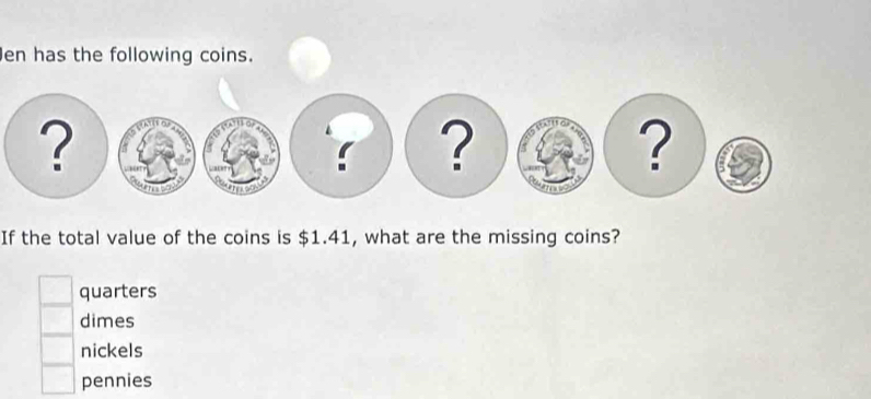 en has the following coins.
If the total value of the coins is $1.41, what are the missing coins?
quarters
dimes
nickels
pennies