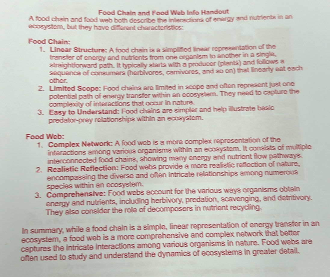 Solved: Food Chain and Food Web Info Handout A food chain and food web ...