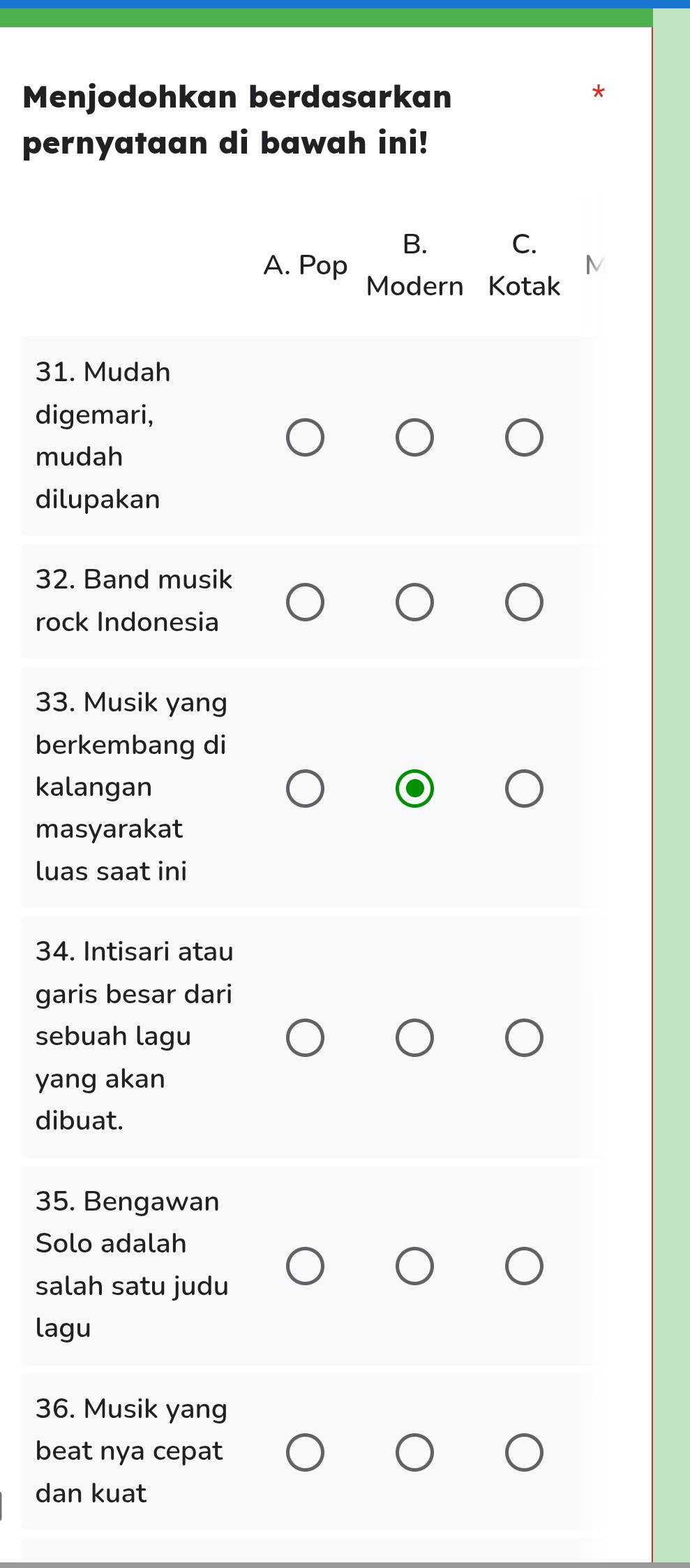 Menjodohkan berdasarkan
pernyataan di bawah ini!
B. C.
A. Pop
Modern Kotak
31. Mudah
digemari,
mudah
dilupakan
32. Band musik
rock Indonesia
33. Musik yang
berkembang di
kalangan
masyarakat
luas saat ini
34. Intisari atau
garis besar dari
sebuah lagu
yang akan
dibuat.
35. Bengawan
Solo adalah
salah satu judu
lagu
36. Musik yang
beat nya cepat
dan kuat