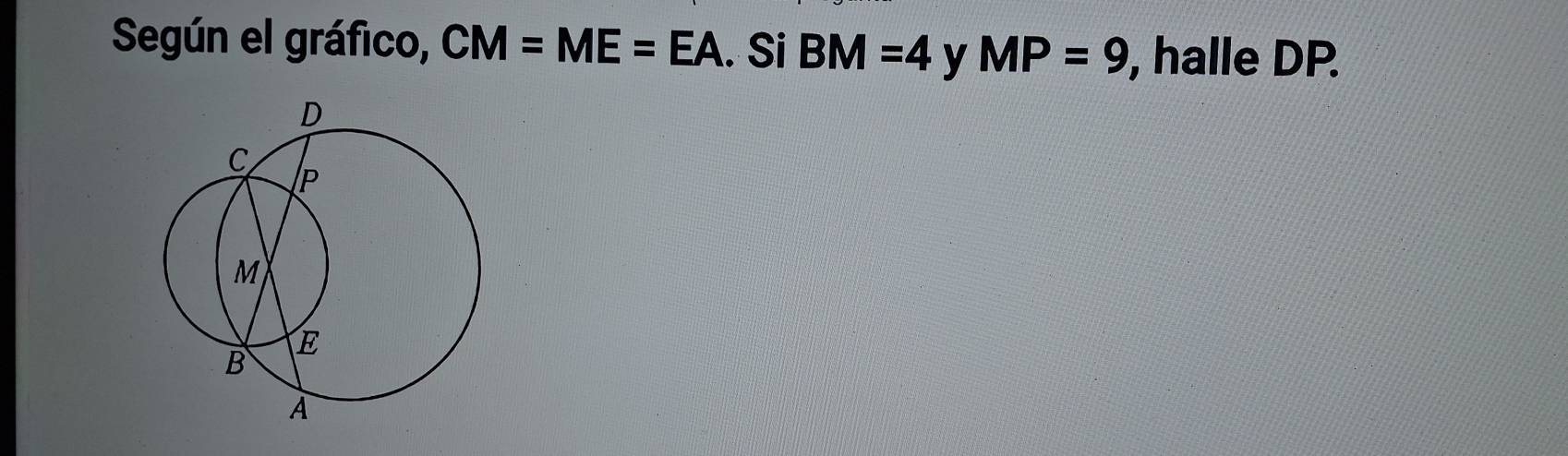 Según el gráfico, CM=ME=EA. Si BM=4 y MP=9 , halle DP.