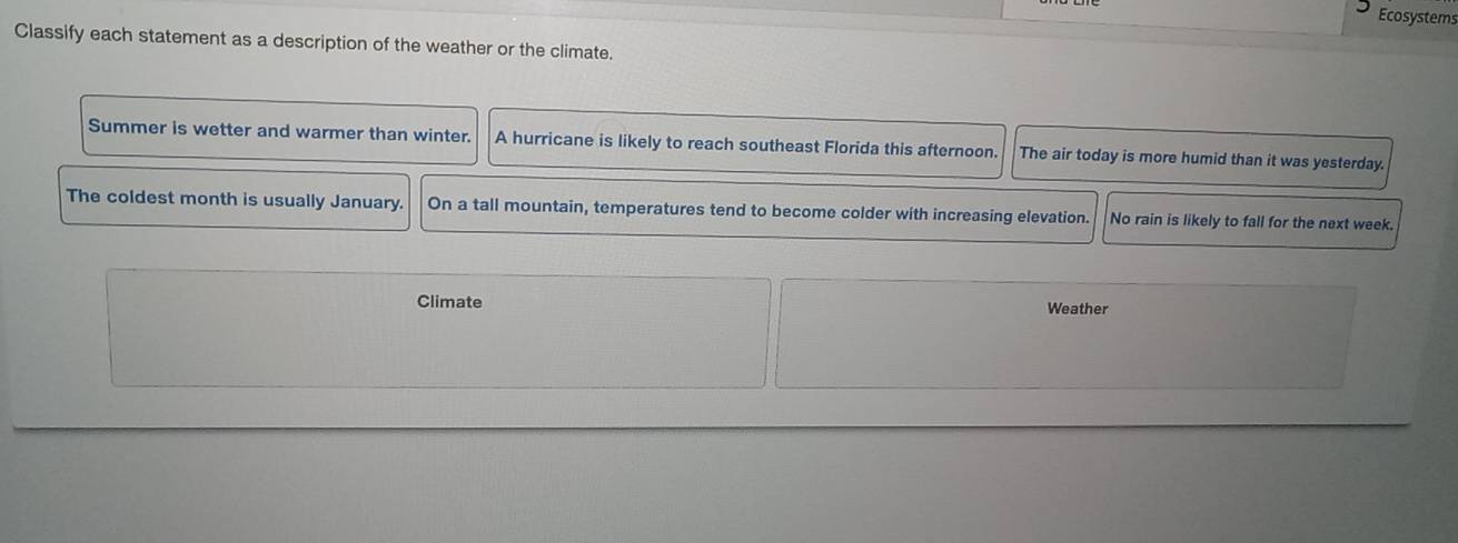 Ecosystems 
Classify each statement as a description of the weather or the climate. 
Summer is wetter and warmer than winter. A hurricane is likely to reach southeast Florida this afternoon. The air today is more humid than it was yesterday. 
The coldest month is usually January. On a tall mountain, temperatures tend to become colder with increasing elevation. No rain is likely to fall for the next week. 
Climate Weather