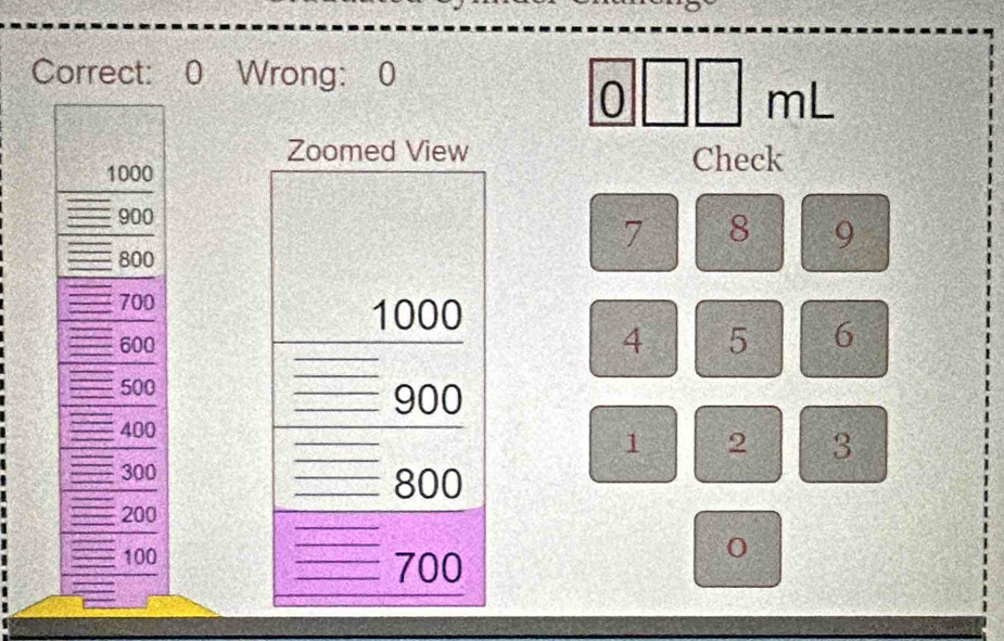 Correct: 0 Wrong: 0
□ mL
Zoomed View Check
1000
900
7 8 9
800
700
1000
600
4 5 6
500
_ 
_ 900
_
400
_ 
_ 
_
1 2 3
300 __ 800
_
200
_
100 __ 700
0