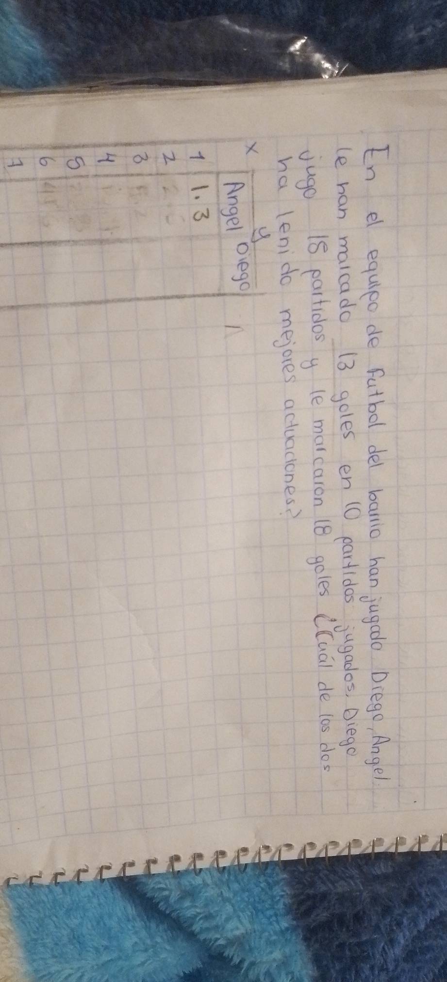 En el equieo de futbol del balio han jug do Diego, Angel
le han malcado 13 goles en 10 partidos jugados, Diego
jugo 18 partidos y le morcaron (8 goles (luai de las dos
ha lenido mejores actuaciones?
X
Angel Diega
1 1. 3
2
4
6
A