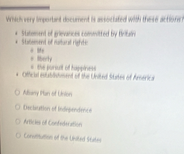 Which very important document is associated with these actions?
* Statement of grievances committed by Britain
* Statement of natural rights:
s life
s liberty
the pursuit of happiness
Official establishment of the United States of America
Albany Plan of Union
Declaration of Independence
Articles of Confederation
Constitution of the United States