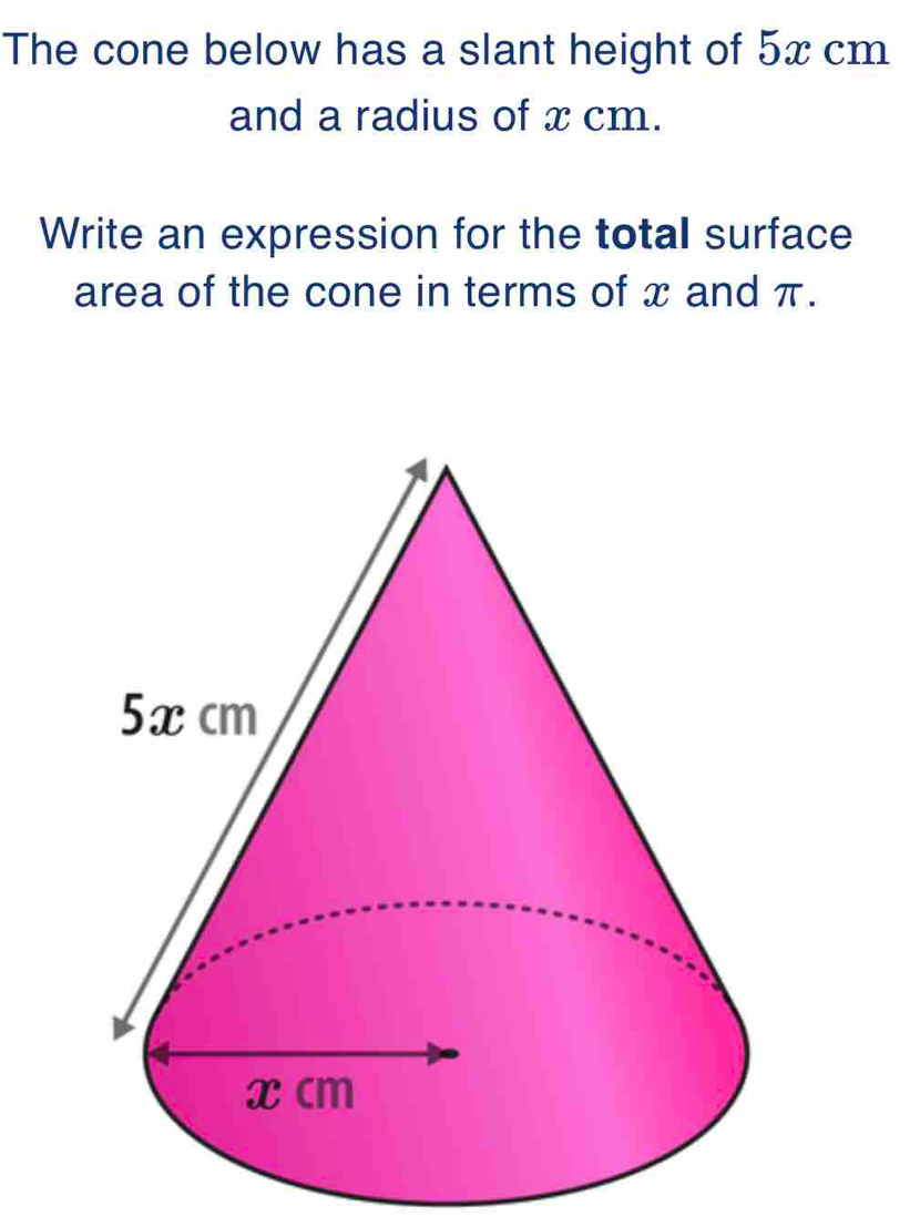 The cone below has a slant height of 5x cm
and a radius of x cm. 
Write an expression for the total surface 
area of the cone in terms of x and π.