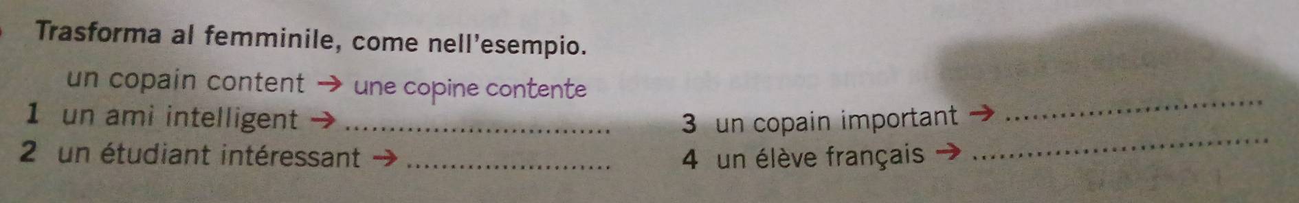 Trasforma al femminile, come nell'esempio. 
_ 
un copain content une copine contente 
_ 
1 un ami intelligent _3 un copain important 
2 un étudiant intéressant _4 un élève français