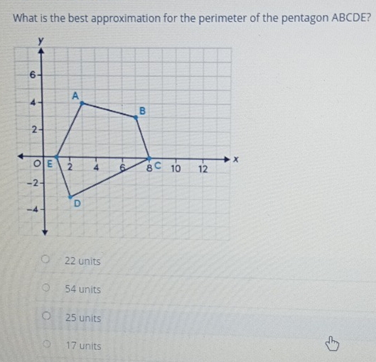 What is the best approximation for the perimeter of the pentagon ABCDE?
22 units
54 units
25 units
17 units