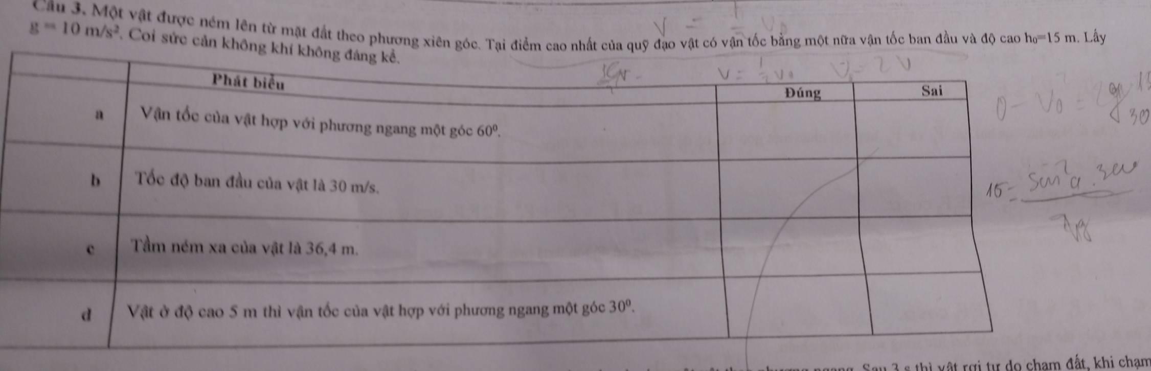 Một vật được ném lên từ mặt đất theo phương xiênận tốc bằng một nữa vận tốc ban đầu và độ cao h_0=15m. Lấy
g=10m/s^2 Coi sức cản
s thi v ất rợi tư do cham đất, khi cham