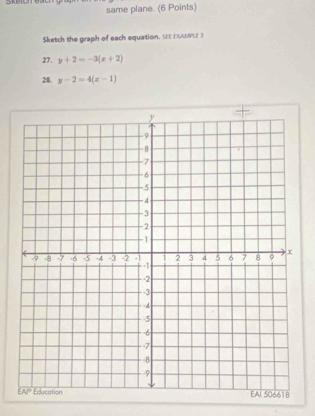 same plane. (6 Points)
Sketch the graph of each equation. SEE EXAMPLE 3
27. y+2=-3(x+2)
28. y-2=4(x-1)