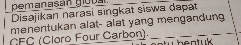 pemanasan global. 
Disajikan narasi singkat siswa dapat 
menentukan alat- alat yang mengandung 
CFC (Cloro Four Carbon).